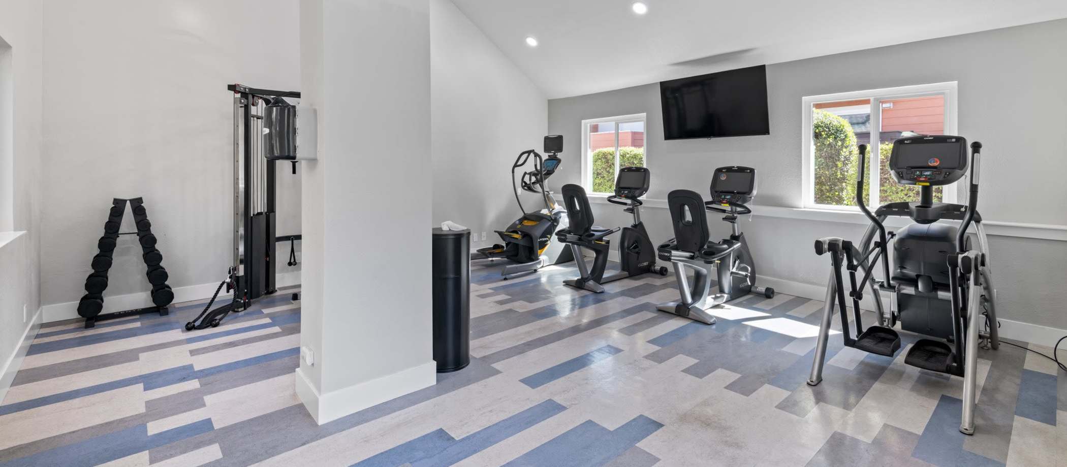 Community fitness center at Crossbrook Apartments in Rohnert Park, California