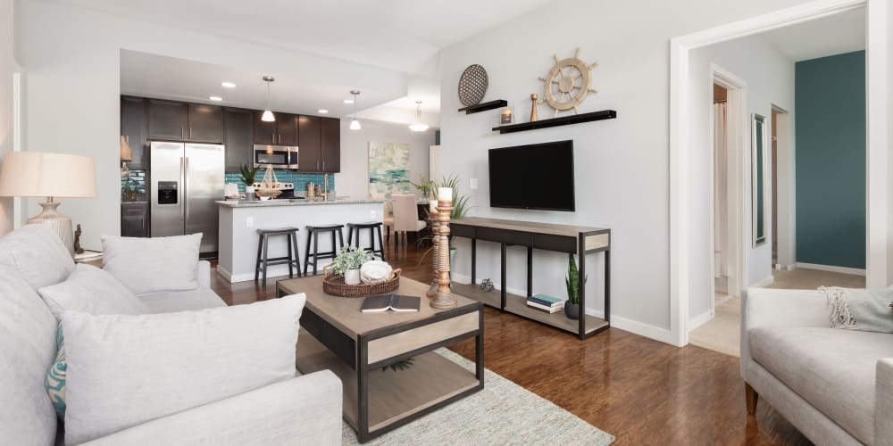 Modern spacious living room in a model home at High Ridge Landing in Boynton Beach, Florida