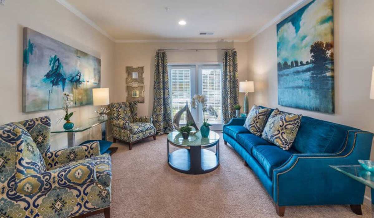Living room with ambient lighting at Palisades at New River in Hardeeville, South Carolina