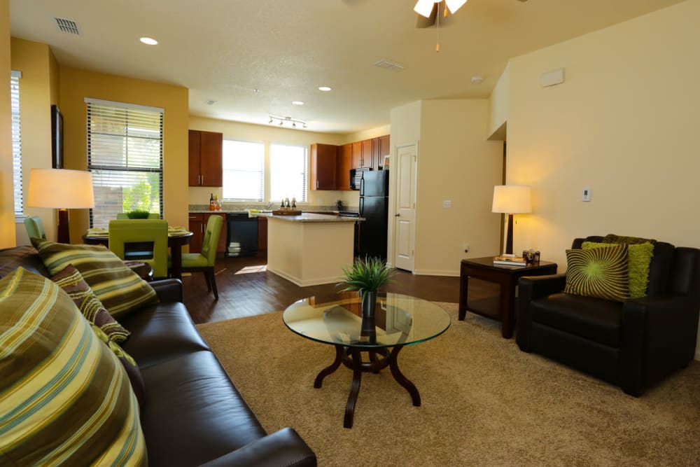 Well-furnished living area in a model apartment at The Hawthorne in Jacksonville, Florida