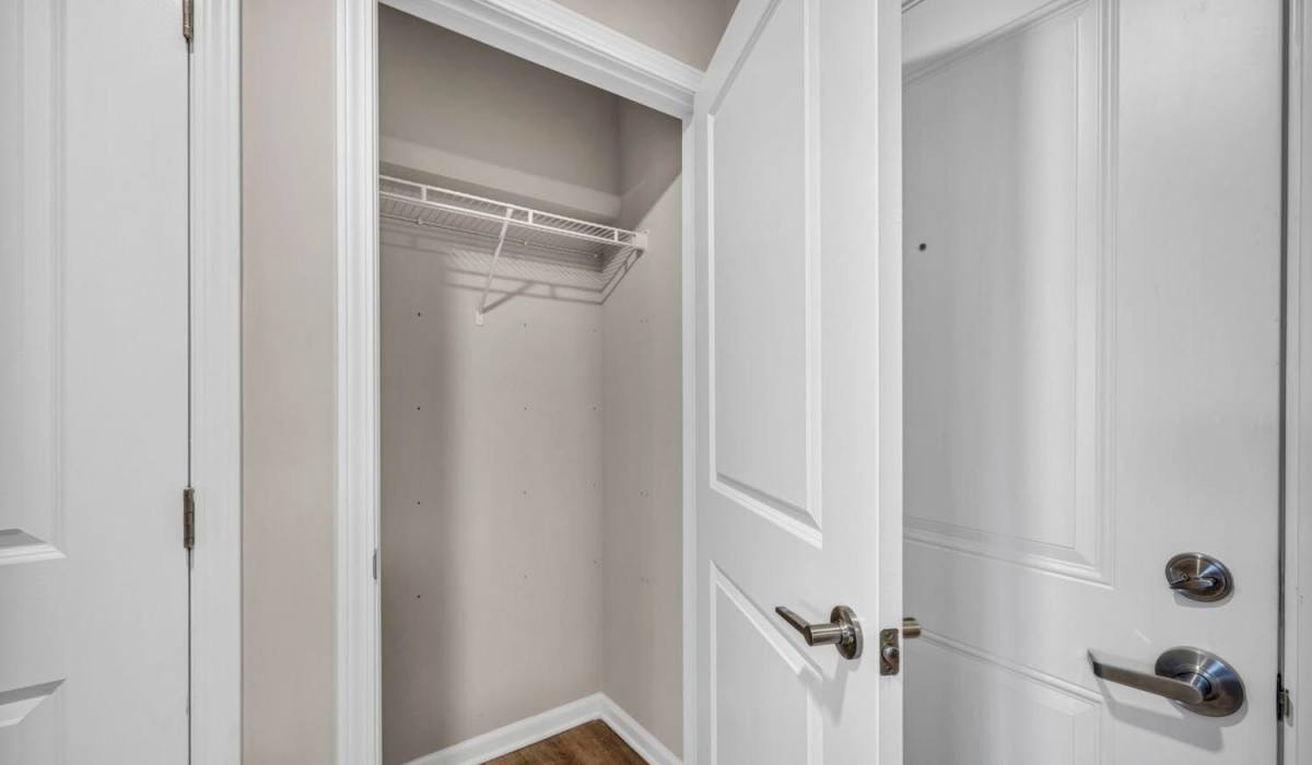White closet doors with wire shelving at Chesterfield Terrace in Parma, Ohio