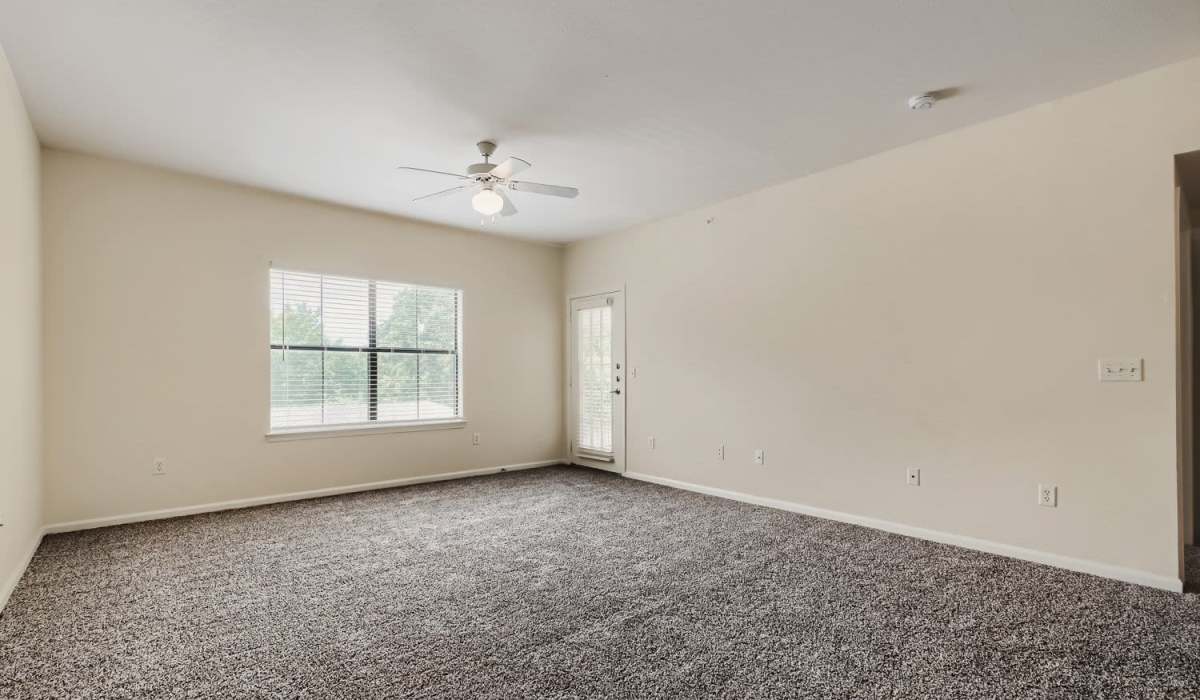 Spacious living room with carpet flooring, ceiling fan, and large window for natural light at Lindbergh Parc Senior Apartments in Fort Worth, Texas