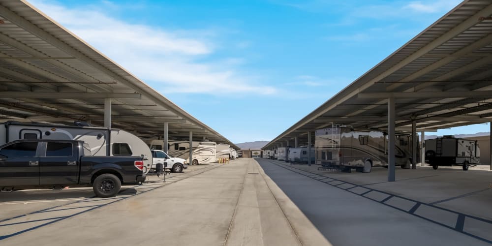 Wide driveways between units at StorQuest RV & Boat Storage in San Tan Valley, Arizona