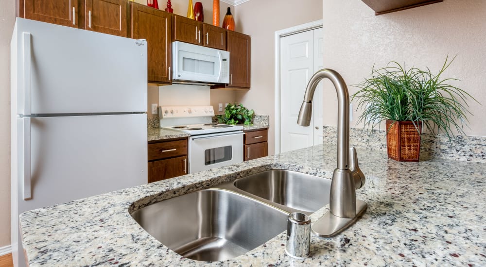 Granite countertops and white appliances in a kitchen at Ballantyne Apartments in Lewisville
