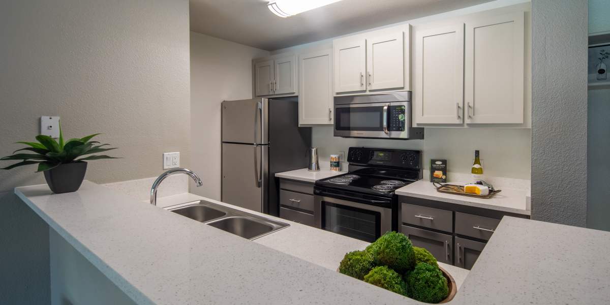 Kitchen with stainless-stel appliances and wood cabinet at Falls at Arden in Sacramento, California