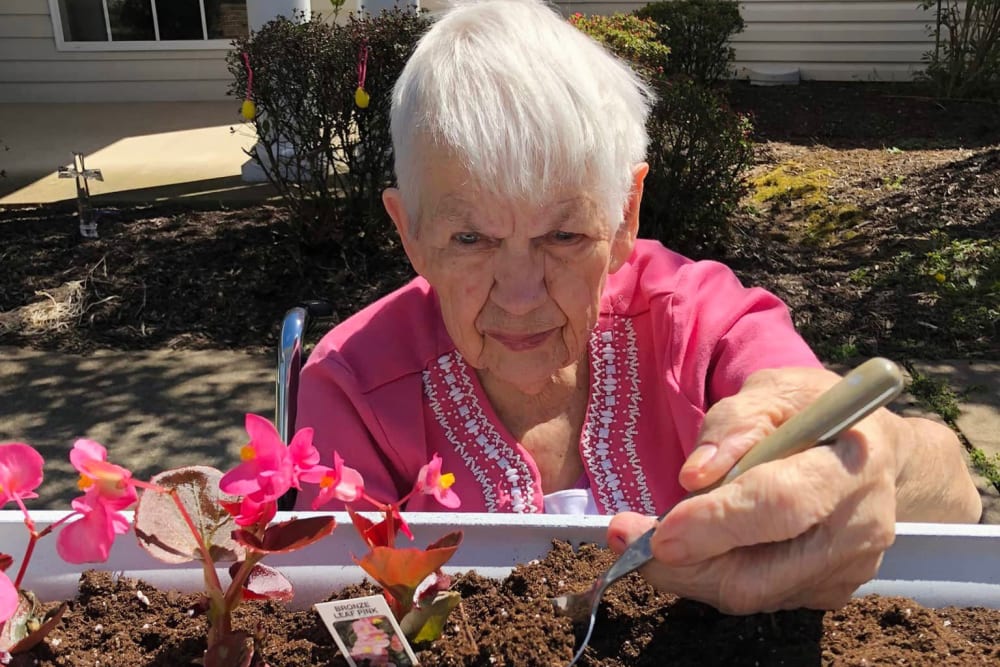 A women planting flowers at Lavender Hills Front Royal Campus in Front Royal, Virginia 