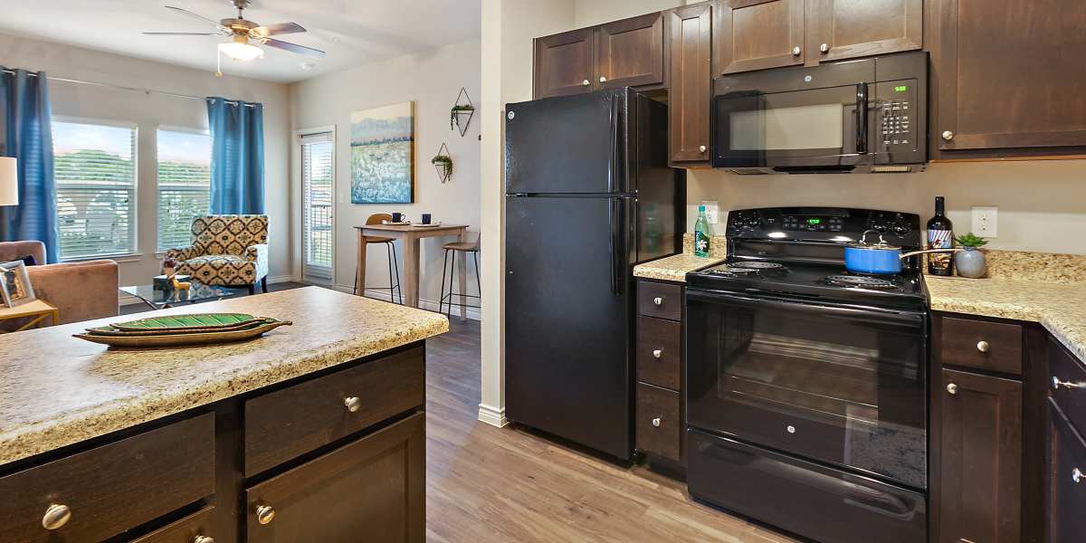 Modern kitchen with black appliances at Canyon House in New Braunfels, Texas