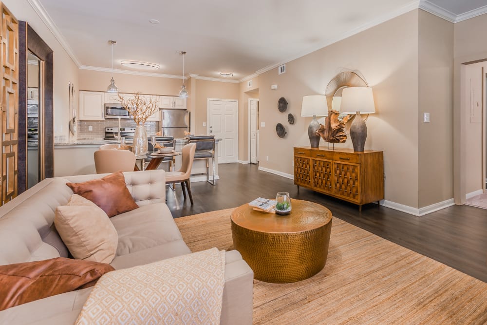 Spacious great room of a senior residence at The Spring at Silverton in Fort Worth, Texas.