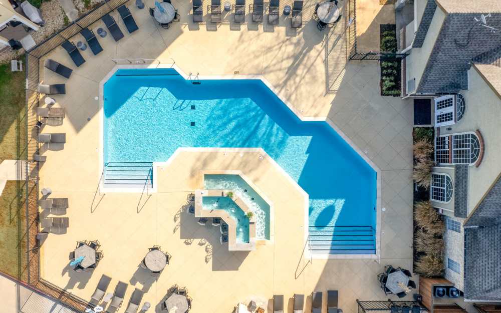 Aerial shot of the community pool at Mansions at Riverside in Tulsa, Oklahoma