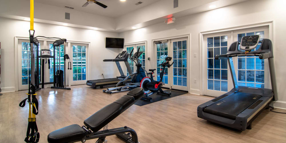 Treadmills in the fitness center at Houston Lake Apartments in Kathleen, Georgia