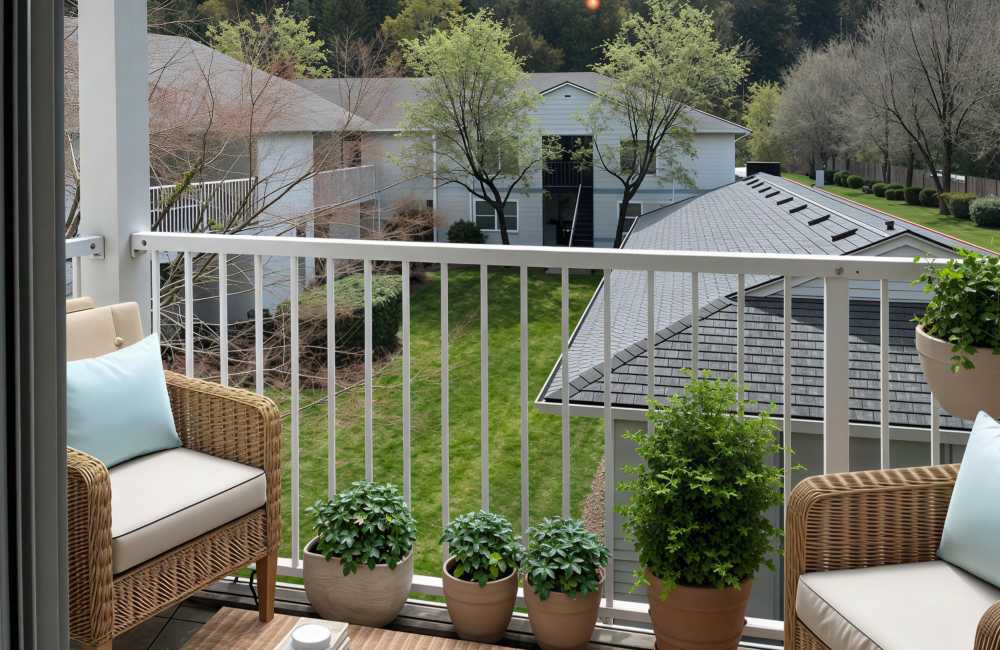 Relaxing balcony with greenery at Trailside Apartments in Gresham, Oregon