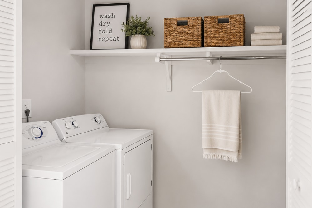 Modern laundry nook with washer, dryer, shelf baskets, and hanging towel rod at The Everette in Rocklin, California