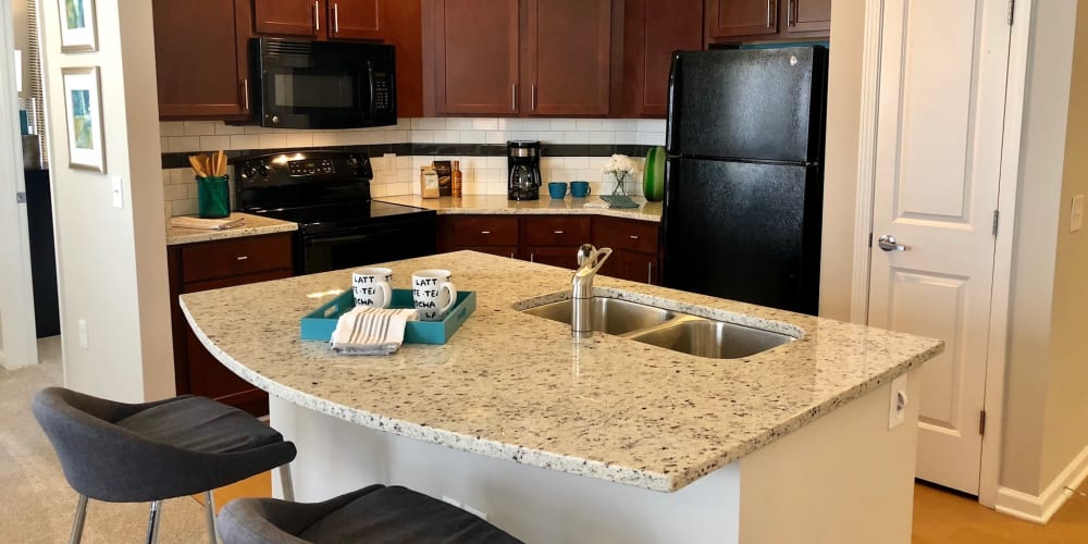 Island in open kitchen at Level at 401 in Raleigh, North Carolina