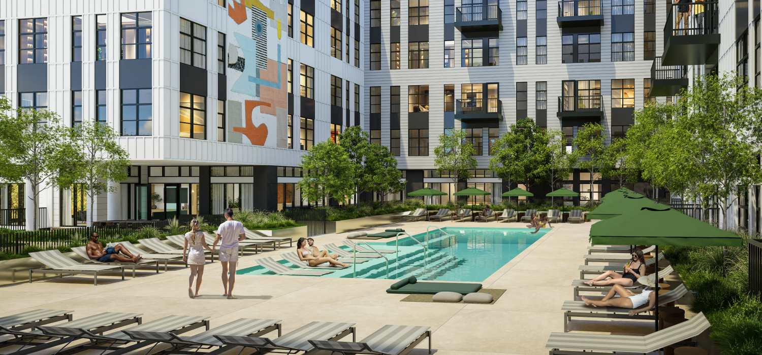 Charming pool with lounge beds at St. Albans Lofts in Raleigh, North Carolina,