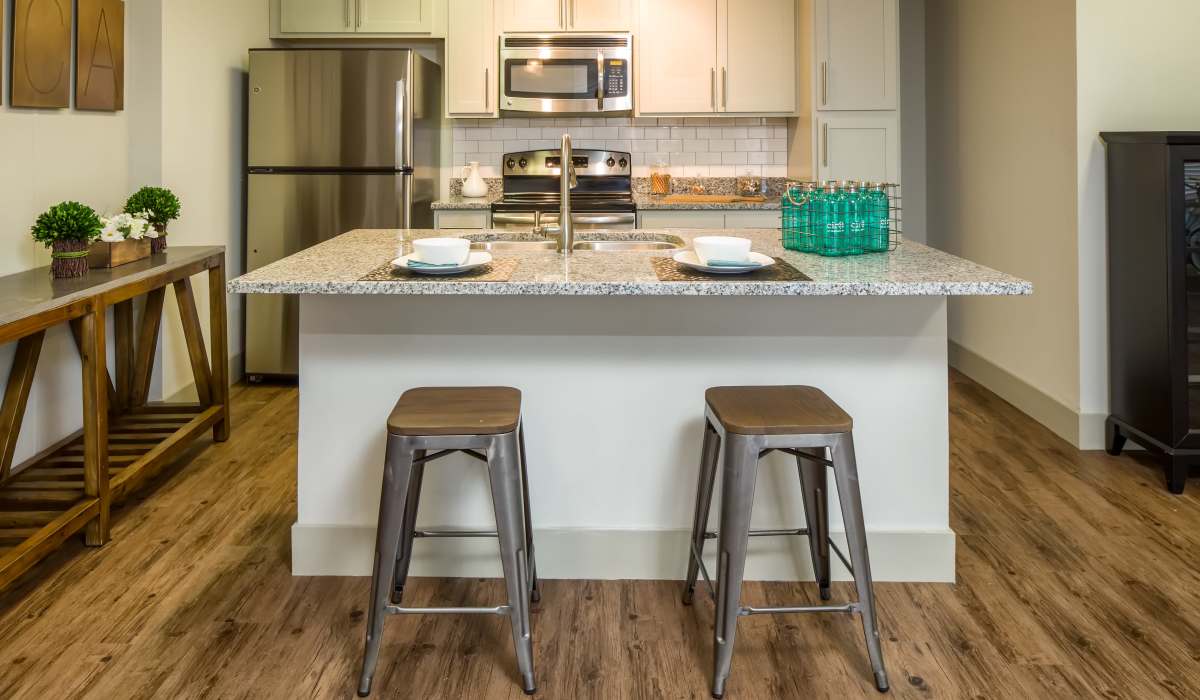 Kitchen with wood-style flooring at Circa at Fishhawk Ranch in Lithia, Florida