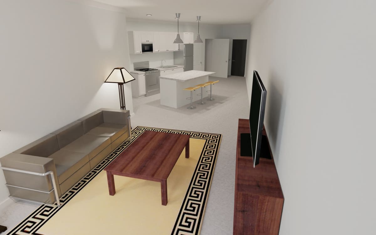 Open-concept of kitchen and living room at Dunbar Apartments in Lexington, North Carolina