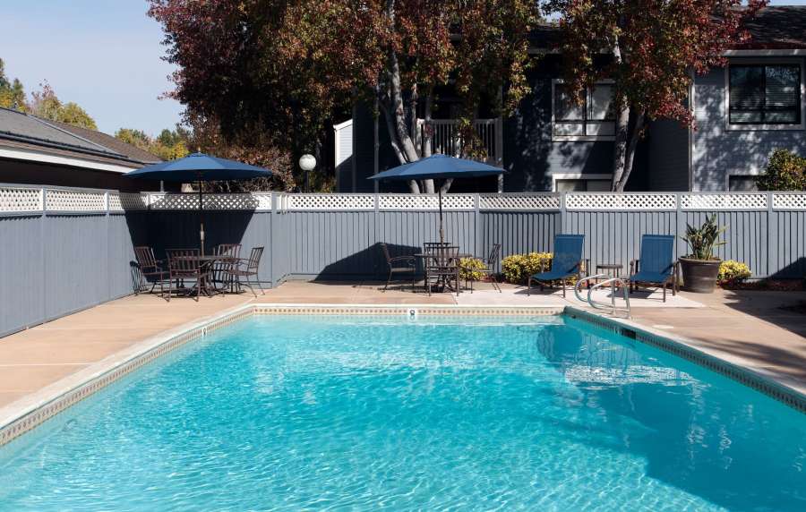Swimming pool with canopy at Amber Court in Fremont, California