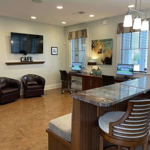 Business center and coffee bar with computer workstations at Haven at Wild Dunes in Newport, North Carolina