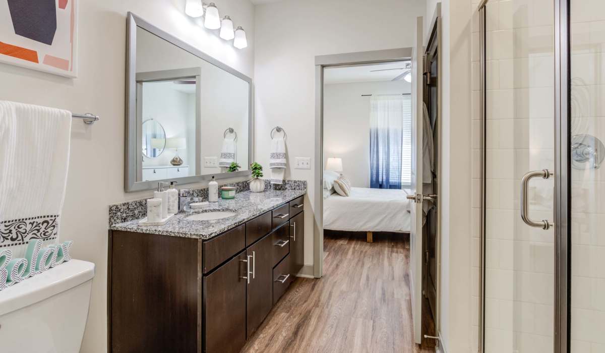 Bathroom with connecting bedroom at The Carillon in Nashville, Tennessee