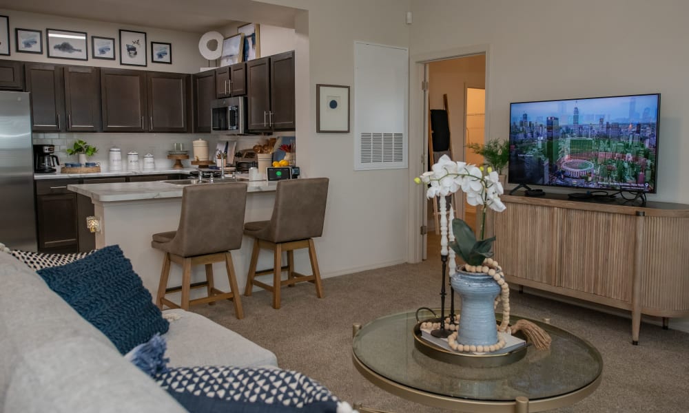 Open and bright model living room at Redbud Ranch Apartments in Broken Arrow, Oklahoma