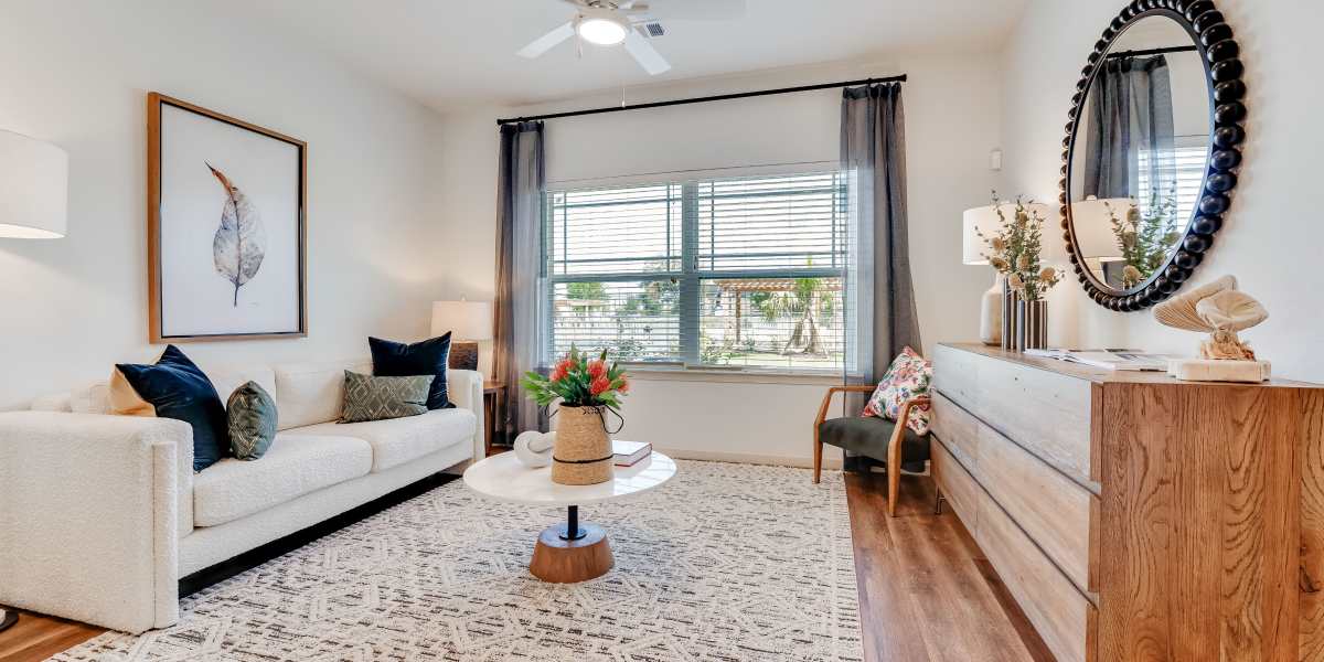 Living room with window at Meridian City Park in Houston, Texas 