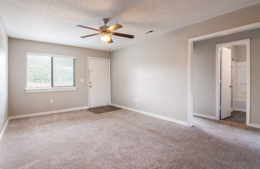 Living room with plush carpeting and a large window at 1022 West Apartment Homes in Gaffney, South Carolina