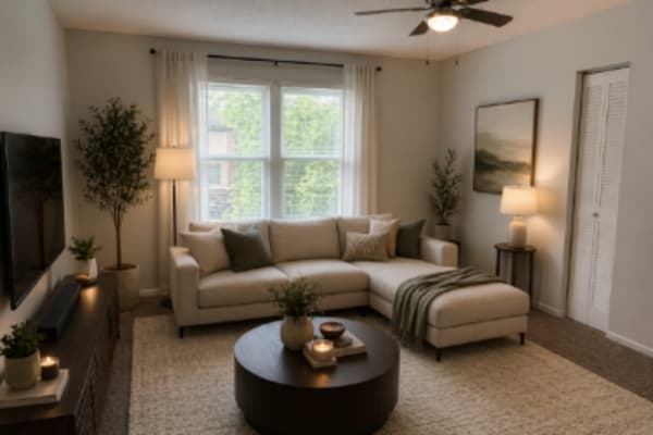 Cozy living room with sectional sofa at Treehaven in Summerville, South Carolina