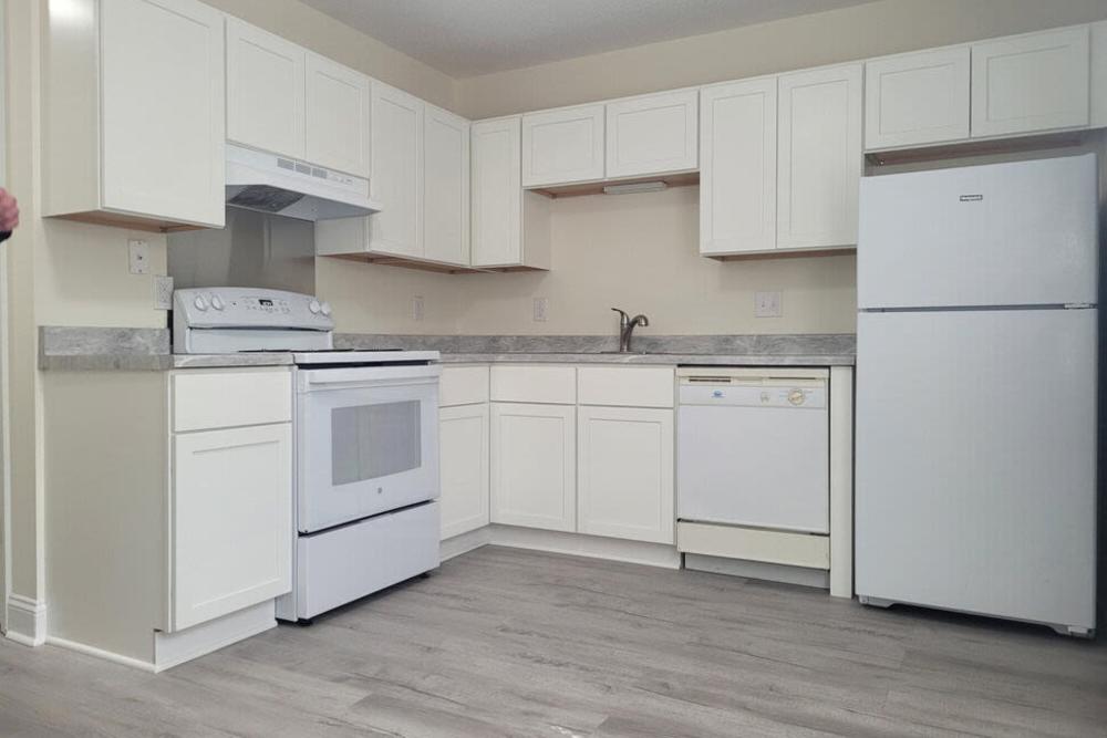 Modern kitchen with white appliances and cabinets at Magnolia Downs in Charleston, South Carolina