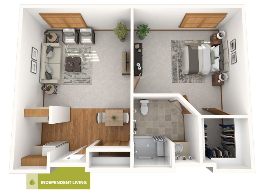 1 bedroom independent living floor plan at Oxford Vista Wichita in Wichita, Kansas