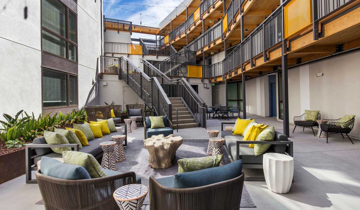 Community seating area at The Moran in Oakland, California