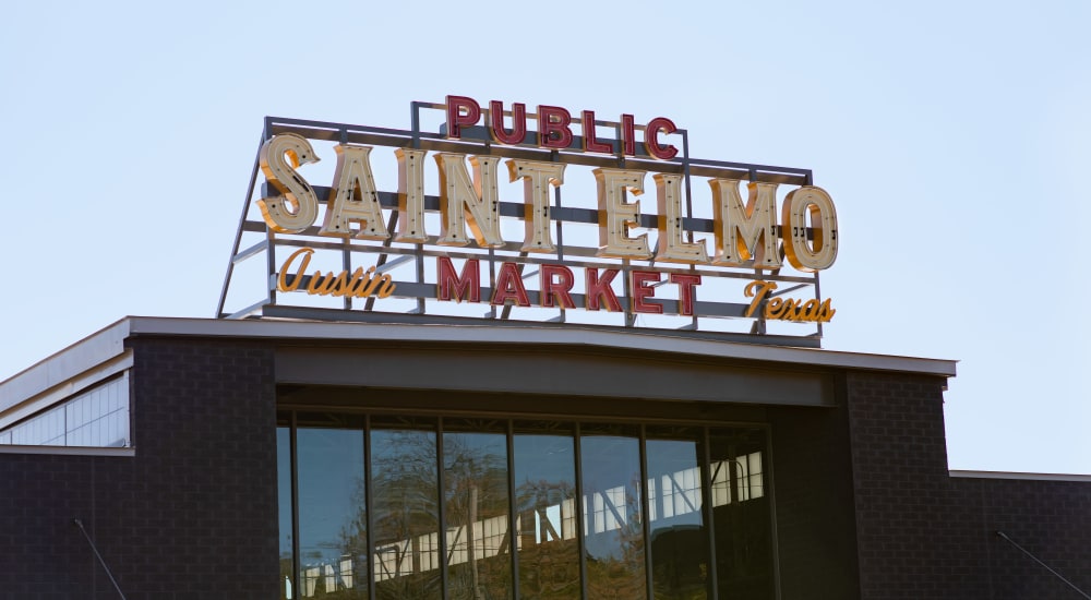 Saint Elmo Public Market neon sign near 44 South in Austin, Texas