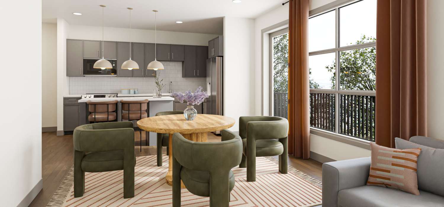 Spacious living room connected with kitchen an dining room at St. Albans Lofts in Raleigh, North Carolina,