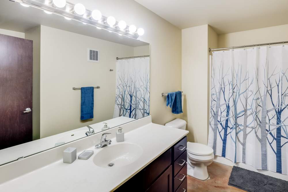 Bathroom mirror with light fixtures and towels at Rumely Lofts in Des Moines, Iowa