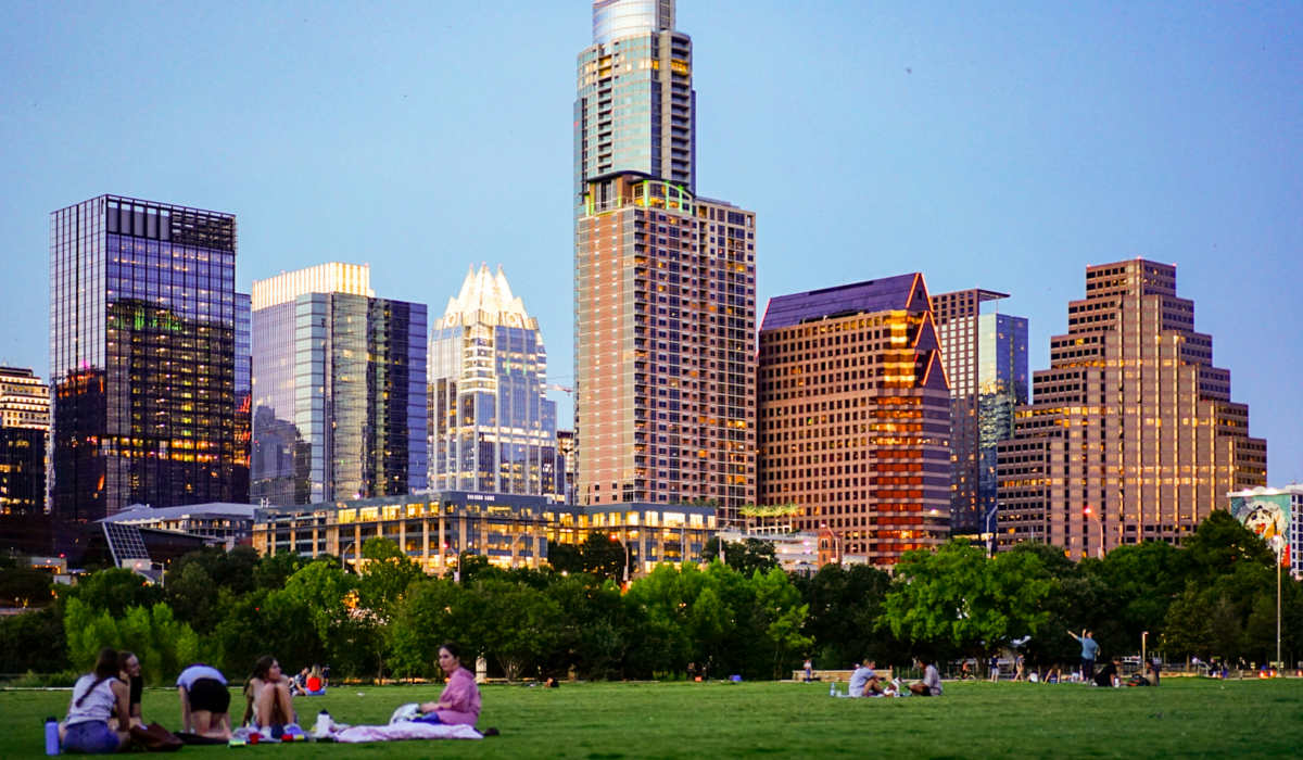 Park with view to city skycrappers near Sullivan in Austin, Texas