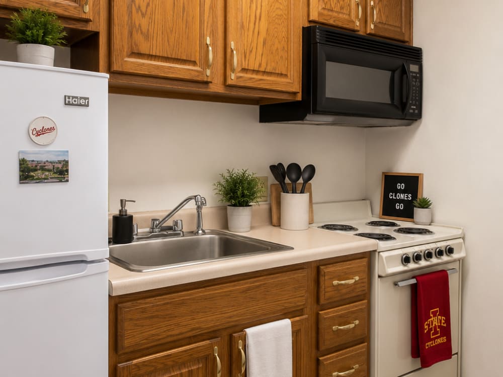 Kitchen with wood cabinets and stainless steel appliances at South Meadow in Ames, Iowa