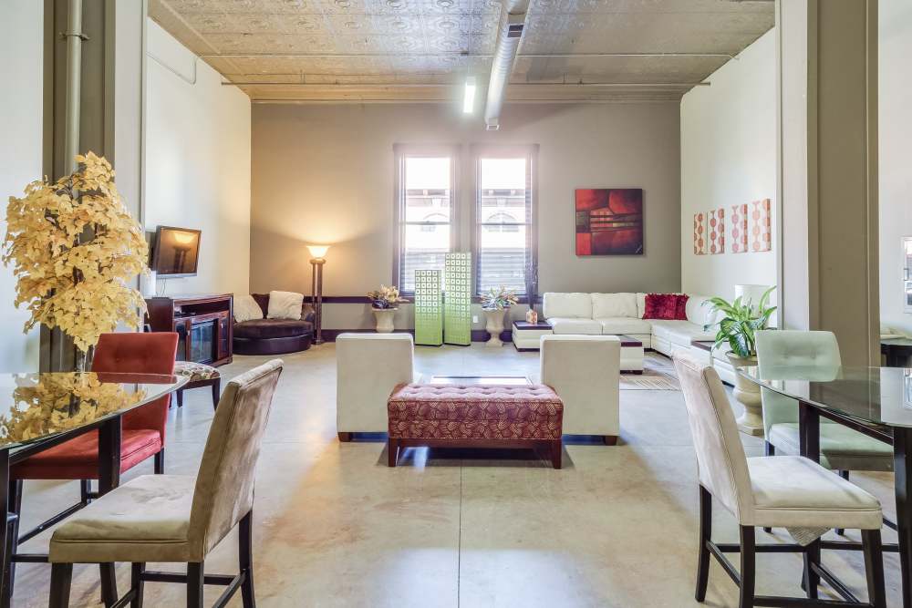 Clubhouse with spacious seating at Rumely Lofts in Des Moines, Iowa