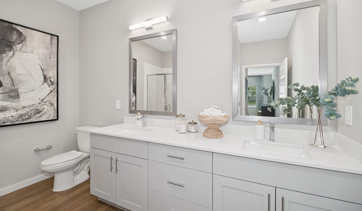 Modern finishes in an apartment bathroom at Savelle Nona West in Orlando, Florida