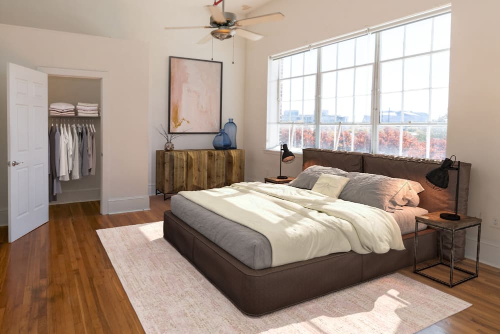Spacious bedroom at Hotel Roxy Lofts in Atlanta, Georgia
