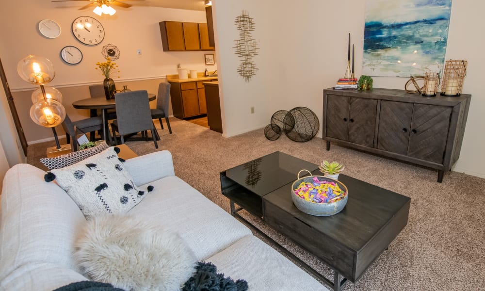 Bright and open living room at Aspen Park Apartments in Wichita, Kansas