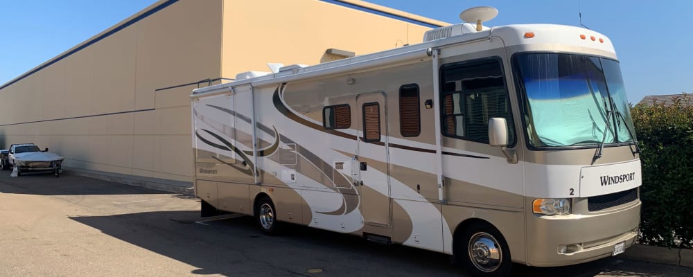 A large RV stored at Storage Oasis in Santee, California