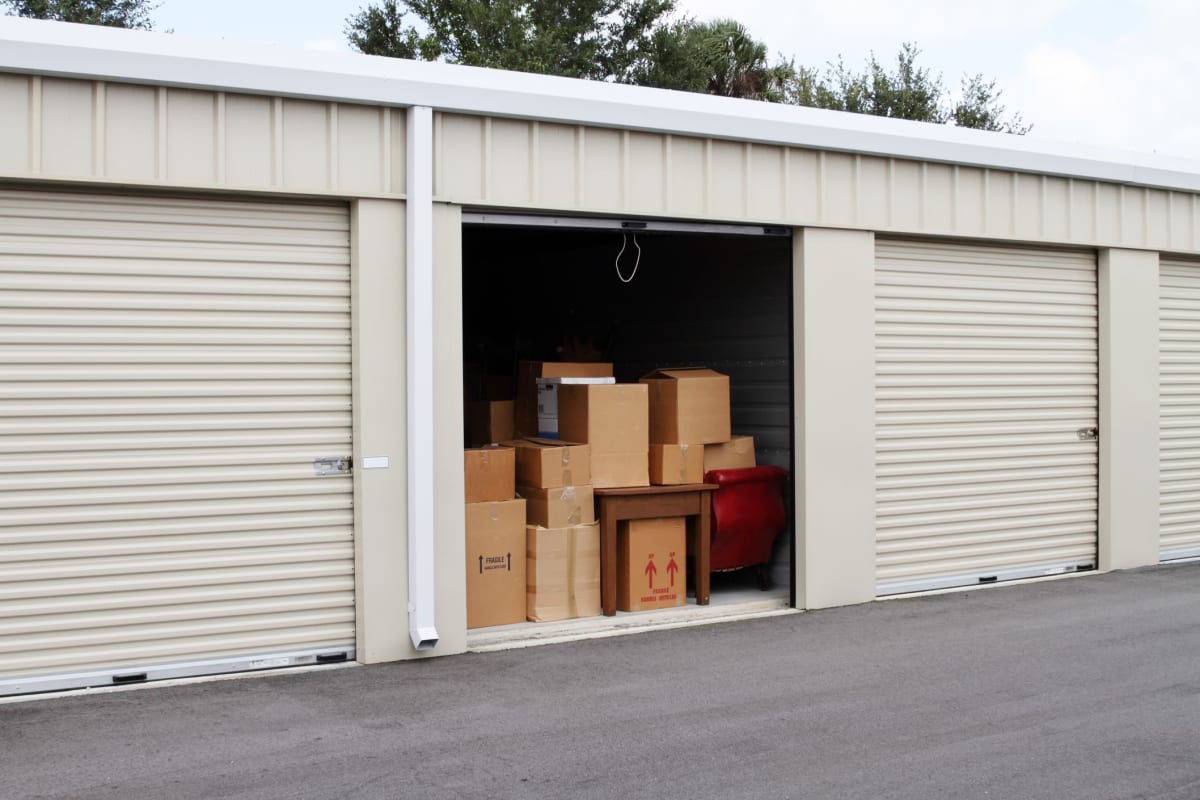 A storage unit with boxes at Red Dot Storage in Lee's Summit, Missouri