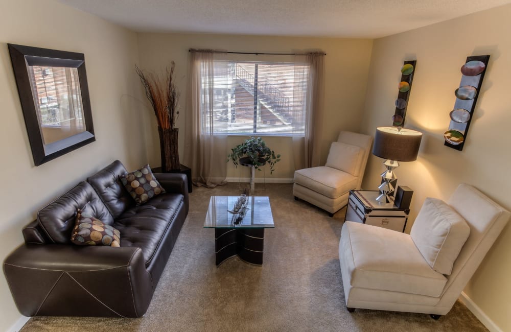A living room with plush carpeting and a window for natural lighting at Enclave at North Point Apartment Homes in Winston Salem, North Carolina