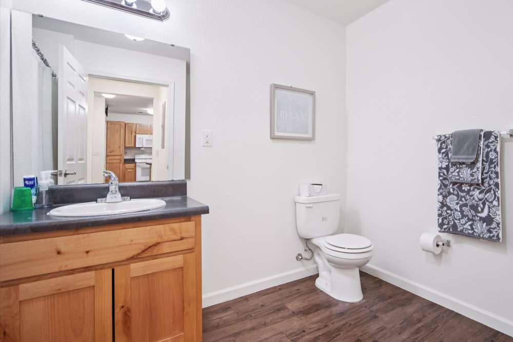 Modern bathroom with sleek finishes and warm wood accents at Villas At Meadow Springs in Ankeny, Iowa