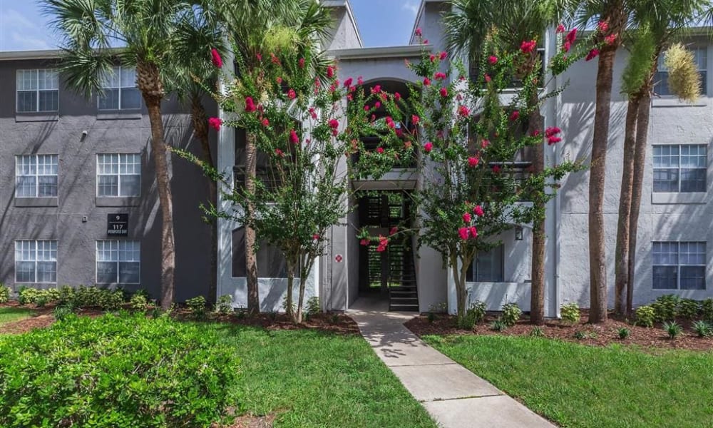 A paved walkway leading to an apartment building at The Granite at Porpoise Bay in Daytona Beach, Florida