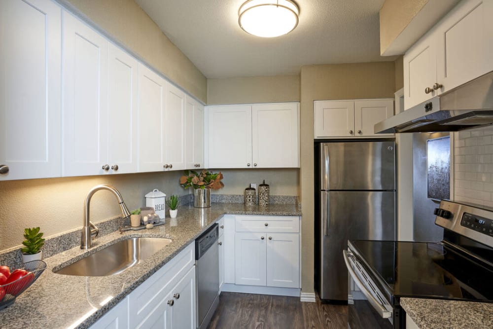 Kitchen with stainless appliance and white cabinetry at The Fountains of Preston Hollow in Dallas, Texas