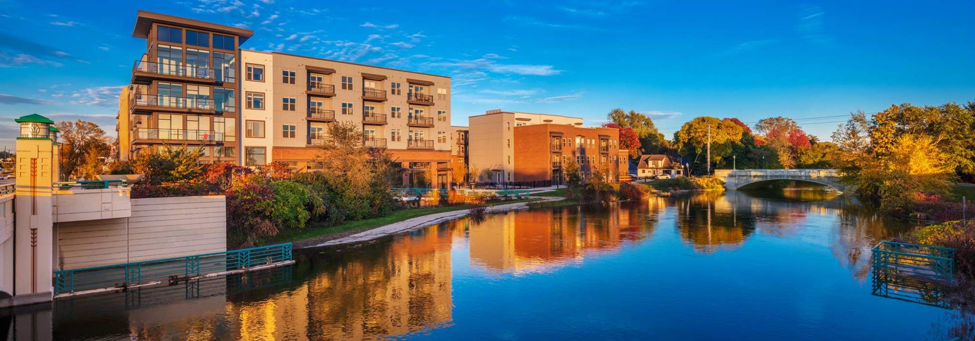 View of apartments with lake at The Marling in Madison, Wisconsin