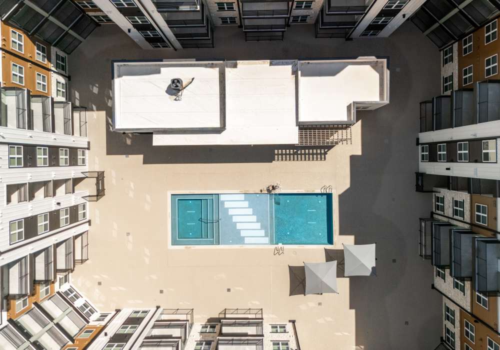 Drone view of pool area at Henderson on Reinli in Austin. TX