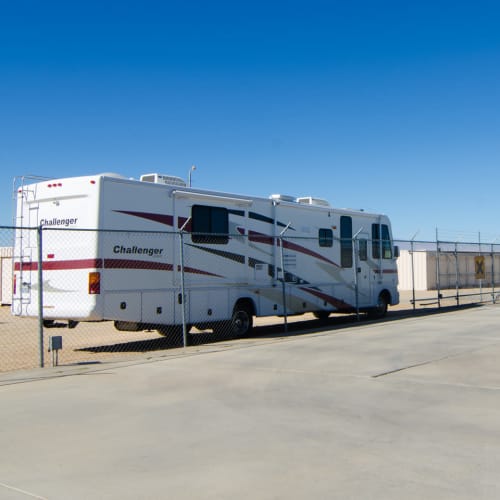 RV parked at A-American Self Storage in Palmdale, California