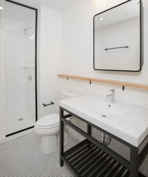 Model bathroom at Allegheny Branch House Lofts in Pittsburgh, Pennsylvania