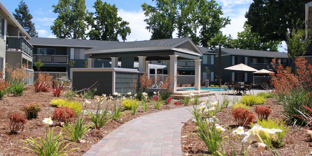 Walking path and pet-friendly, park-like grounds at Pinebrook Apartments in Fremont, California